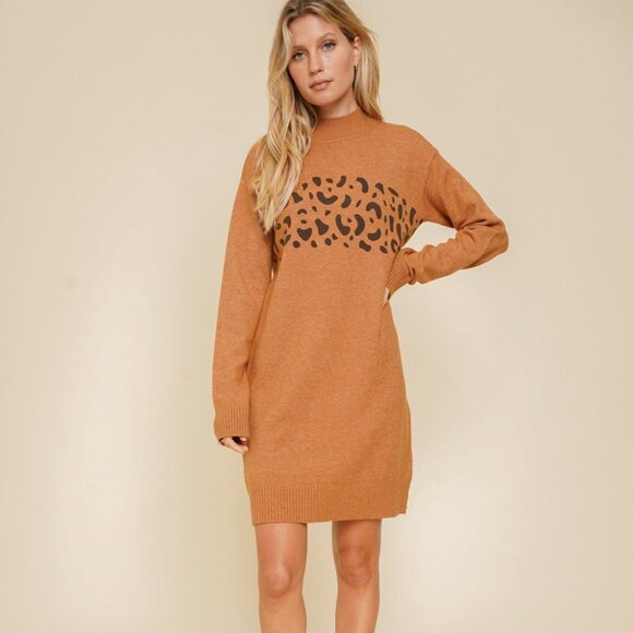HEM & THREAD Rust Leopard Print Sweater Dress Cozy Knit Long Sleeve Fall Winter - Picture 2 of 6